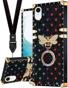 loheckle for square iphone xr case, designer retro luxury cases for women with ring stand holder and lanyard, stylish bee cute cover for iphone xr 6.1 inch