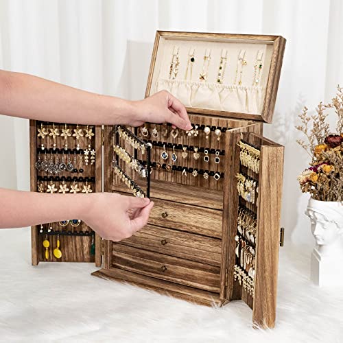 Poyilooo Jewelry Box Organizer, Large Jewelry Boxes for Women, Great Storage Earring Organizer Display for Necklace Earring Ring Bracelet, Rustic Wood Jewelry Organizer Box for Girls, Ideal Gift