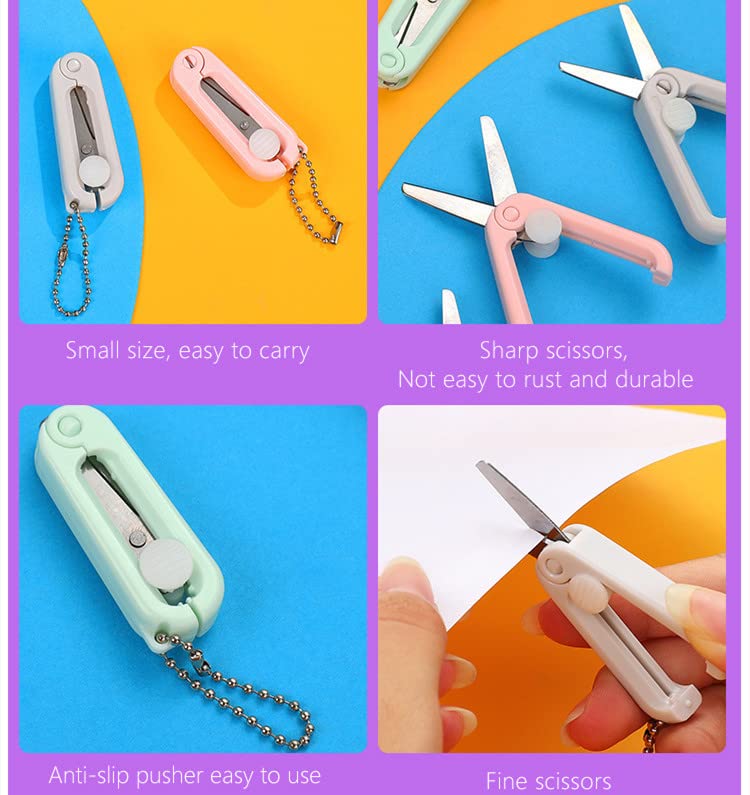 5 Packs Morandi Mini Scissors with Key Chain Mini Telescopic Small Foldable Scissors Portable Safe Pocket Travel Scissors Retractable Kids Shears Sharp for Cutting, Scrapbooking, Crafting, Sewing