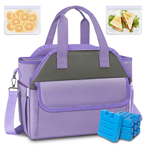 Lunch Bags for Women, Insulated Cute Lunch Bags for Adult Men with 4 Icepacks&2 Storage Pocket, Lunch Tote Bag with Removable Shoulder Strap,Large Leakproof Cooler Bag for Work,Picnic,Beach-Purple