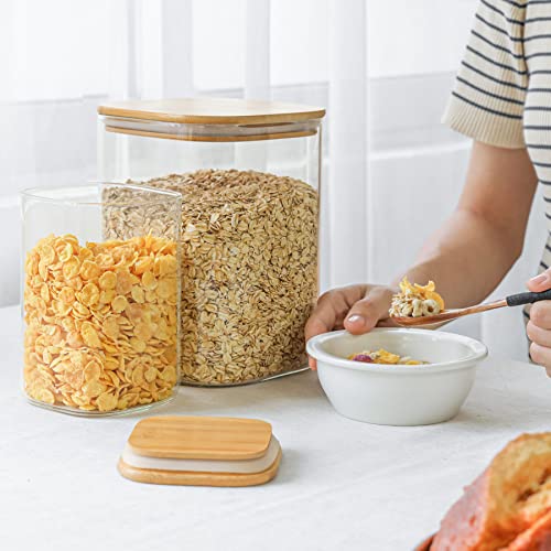 ComSaf Glass Food Storage Containers, 111/37 oz Glass Flour and Sugar Containers with Airtight Lids, Large Square Glass Jars with Bamboo Lids for Rice, Pasta, Oats, Grains, Cookies, Snacks, Candy