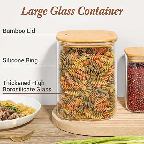 ComSaf Glass Food Storage Containers, 111/37 oz Glass Flour and Sugar Containers with Airtight Lids, Large Square Glass Jars with Bamboo Lids for Rice, Pasta, Oats, Grains, Cookies, Snacks, Candy