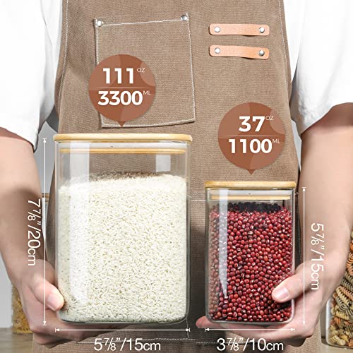 ComSaf Glass Food Storage Containers, 111/37 oz Glass Flour and Sugar Containers with Airtight Lids, Large Square Glass Jars with Bamboo Lids for Rice, Pasta, Oats, Grains, Cookies, Snacks, Candy