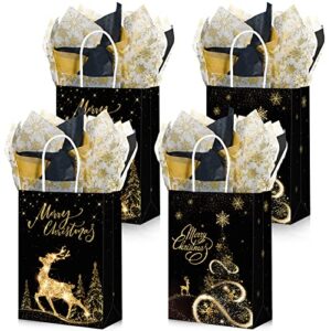 funrous gold black christmas bags with tissue paper xmas black and gold gift bags metallic gold black goody treat bags with handles for christmas thanksgiving candy cookies party supplies (16 pcs)