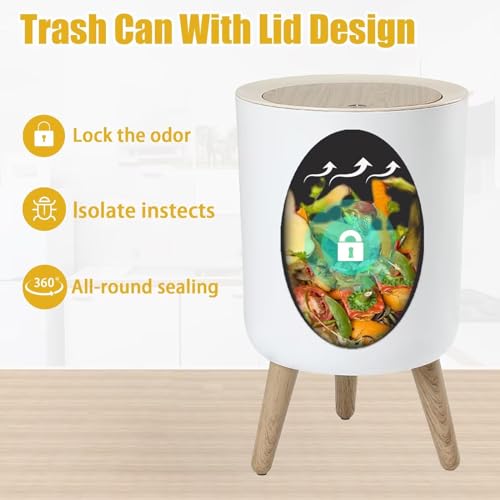 URALFA Small Trash Can with Lid, White Bathroom Garbage Can with Lid Office Trash Bin, Plastic Covered Trash Can with Push Button, Nordic Lidded Waste Basket for Kitchen, Bedroom, Living Room, 1.8 Gal