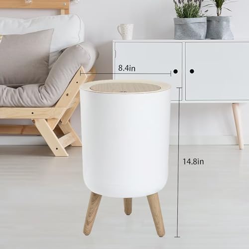 URALFA Small Trash Can with Lid, White Bathroom Garbage Can with Lid Office Trash Bin, Plastic Covered Trash Can with Push Button, Nordic Lidded Waste Basket for Kitchen, Bedroom, Living Room, 1.8 Gal