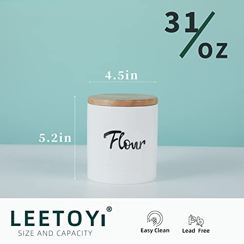 LEETOYI Porcelain Food Storage Containers with Lid, 4.5-Inch 31oz White, Labeled Flour