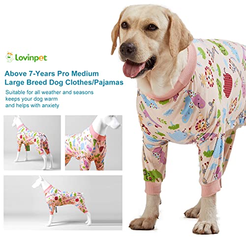 LovinPet Large Dog Clothes: Pajamas for Large Dogs, Slim Fit/Lightweight Pullover Dog PJ's, Full Coverage/Animals Allover Pink Print/Pet Pajamas/XL