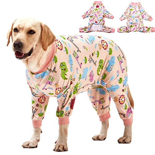 LovinPet Large Dog Clothes: Pajamas for Large Dogs, Slim Fit/Lightweight Pullover Dog PJ's, Full Coverage/Animals Allover Pink Print/Pet Pajamas/XL