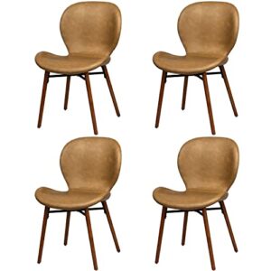 KithKasa Mid Century Modern Dining Chair Set of 4 Faux Leather Side Chair with Walnut Color Wood Legs for Kitchen Dining Room, Brown