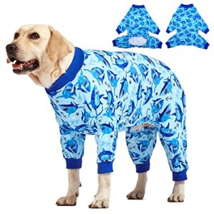 lovinpet clothes for great dane dogs: pjs for large dogs, lightweight onesie, sea shark action print, dog clothing, uv protection, easy wearing adorable dog jumpsuit/large