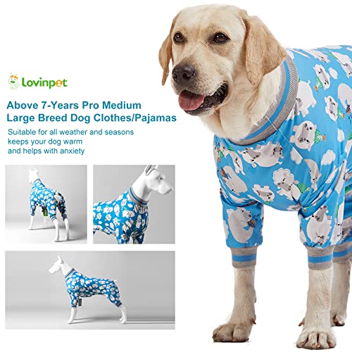 LovinPet Large Dog Clothes/Big Dog Onesie, Slim Fit, Lightweight Pullover/Full Coverage Dog Pjs/Happy Hippo Blue Print/Large Breed Dog Pjs/Medium
