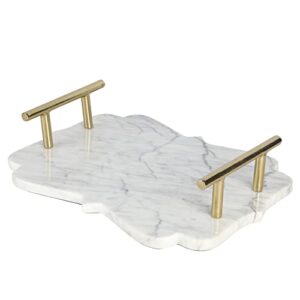 mygift deluxe designer white marble modern shaped serving tray with scalloped edge and vintage style brass tone handles, elegant decorative tray home decoration - made in india