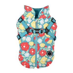 puppia puppia alyssa winter dog coat with integrated harness no pull cold weather waterproof warm fleece back zipper for small & medium dog, aqua, medium