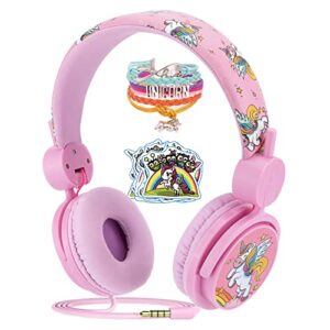 joofooby kids unicorns headphones with mic for travel/car/plane/school,unicorns gifts for girls with gifts box,on/over ear hd stereo with 95db volume limited,wired headsets with nylon cable (pink)