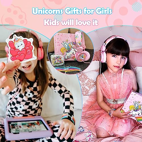 Joofooby Kids Unicorns Headphones with Mic for Travel/Car/Plane/School,Unicorns Gifts for Girls with Gifts Box,On/Over Ear HD Stereo with 95dB Volume Limited,Wired Headsets with Nylon Cable (Pink)