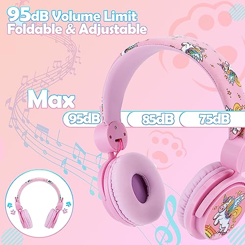 Joofooby Kids Unicorns Headphones with Mic for Travel/Car/Plane/School,Unicorns Gifts for Girls with Gifts Box,On/Over Ear HD Stereo with 95dB Volume Limited,Wired Headsets with Nylon Cable (Pink)