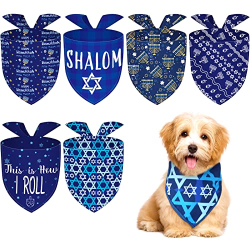 6 Pieces Hanukkah Dog Bandana Jewish Star Bandanas Chanukah Menorah Pet Scarf Set Kerchief Gift for Dog Pet Holiday Costume Clothes Accessories