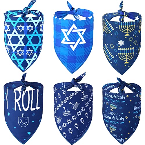 6 Pieces Hanukkah Dog Bandana Jewish Star Bandanas Chanukah Menorah Pet Scarf Set Kerchief Gift for Dog Pet Holiday Costume Clothes Accessories