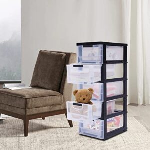 DYRABREST Transparent Plastic Drawers,Simple Storage 5 Drawer Storage Tower, Black Frame with Clear Drawers Storage Cabinet Tall Closet Drawers Organizer for Clothes,Playroom,Bedroom Furniture