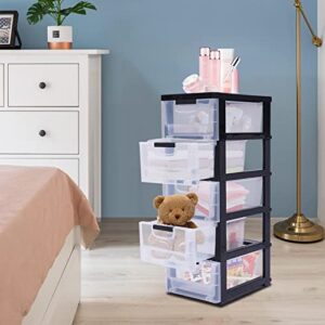 DYRABREST Transparent Plastic Drawers,Simple Storage 5 Drawer Storage Tower, Black Frame with Clear Drawers Storage Cabinet Tall Closet Drawers Organizer for Clothes,Playroom,Bedroom Furniture
