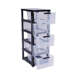 DYRABREST Transparent Plastic Drawers,Simple Storage 5 Drawer Storage Tower, Black Frame with Clear Drawers Storage Cabinet Tall Closet Drawers Organizer for Clothes,Playroom,Bedroom Furniture
