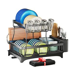 dish drying rack, detachable 2 tier dish rack and drainboard set, large capacity dish drainer organizer shelf with utensil holder, cup rack, extra drying mat for kitchen counter, black