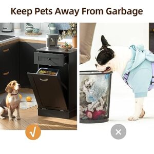 Visionwards Tilt Out Trash Cabinet Bin, Wooden, Dog Proof Garbage Can Holder, Kitchen Island with Laundry Hamper, Black