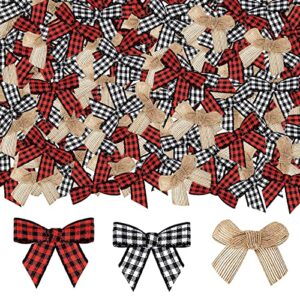 JOICE 120pcs Christmas Mini Burlap Bow Buffalo Plaid Bow for Craft，White and Black Checkered Bows Red and Black Gingham Ribbon Bows Farmhouse Home Decoration for Christmas Tree Gift Decorations (3 Colors)