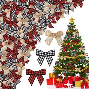 JOICE 120pcs Christmas Mini Burlap Bow Buffalo Plaid Bow for Craft，White and Black Checkered Bows Red and Black Gingham Ribbon Bows Farmhouse Home Decoration for Christmas Tree Gift Decorations (3 Colors)