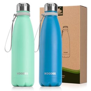 koodee insulated water bottle -17 oz stainless steel double wall vacuum insulated water bottle for back to school, 2 pack sports water flask leak proof (aquamarine blue-sky blue)