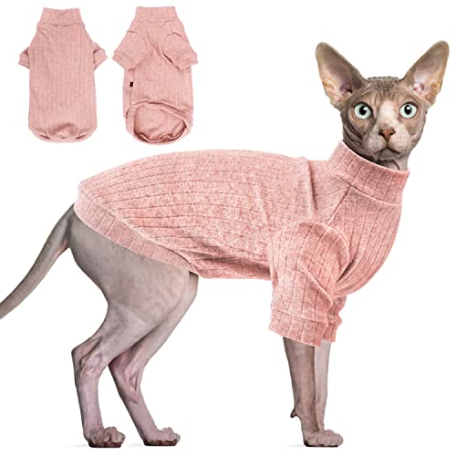 Idepet Sphynx Hairless Cats Sweater Shirt Kitten Soft Puppy Clothes Pullover Cute Cat Pajamas Jumpsuit Skin-Friendly Cotton Apparel Pet Winter Turtleneck for Cats and Small Dogs(Small, Pink)