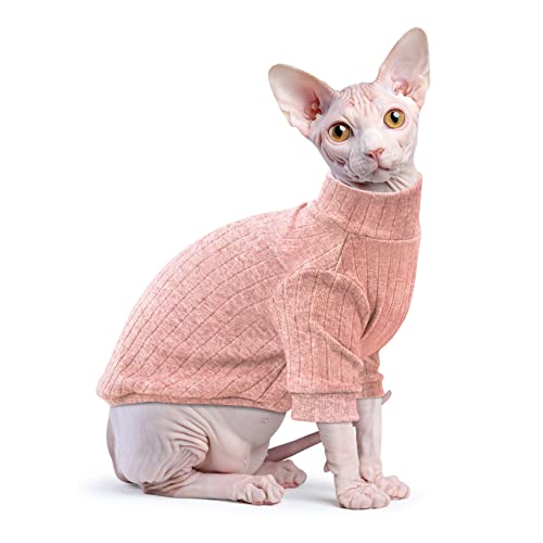 Idepet Sphynx Hairless Cats Sweater Shirt Kitten Soft Puppy Clothes Pullover Cute Cat Pajamas Jumpsuit Skin-Friendly Cotton Apparel Pet Winter Turtleneck for Cats and Small Dogs(Small, Pink)