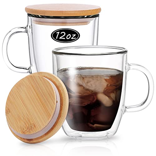 Wwyybfk Double Wall Glass Coffee Mugs,12oz Insulated Glass Espresso Mugs Cups with Handle Lid (Set of 2) for Cappuccino, Latte, Tea (340ml)