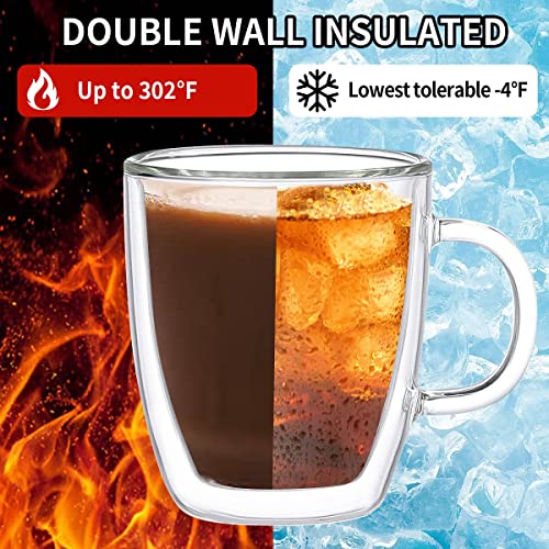 Wwyybfk Double Wall Glass Coffee Mugs,12oz Insulated Glass Espresso Mugs Cups with Handle Lid (Set of 2) for Cappuccino, Latte, Tea (340ml)