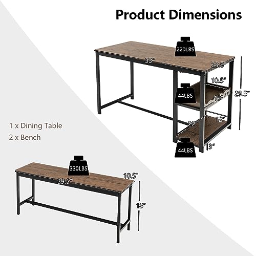 Giantex Dining Table Set for 4, 3-Piece 55” Kitchen Table Set w/ 2 Benches, Breakfast Table w/Wine Rack & Glass Holder, Space-Saving Dinette Set for Dining Room, Kitchen, Apartment (Rustic Brown)