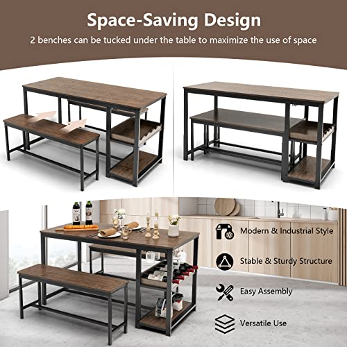 Giantex Dining Table Set for 4, 3-Piece 55” Kitchen Table Set w/ 2 Benches, Breakfast Table w/Wine Rack & Glass Holder, Space-Saving Dinette Set for Dining Room, Kitchen, Apartment (Rustic Brown)