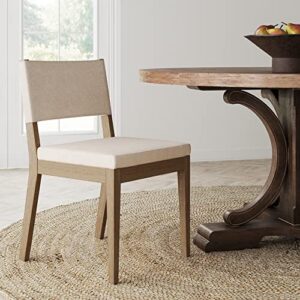 nathan james linus modern upholstered dining chair with solid rubberwood legs in a wire-brushed light brown finish, natural flax/brown