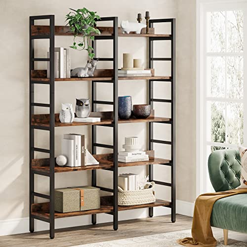 Tribesigns 5-Tier Industrial Bookshelf, 71”H x 47”W Etagere Bookcase, Freestanding Double Wide Book Shelf for Storage and Display, Wood and Metal Bookshelves for Living Room Home Office, Rustic Brown