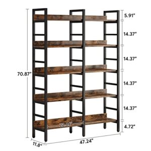 Tribesigns 5-Tier Industrial Bookshelf, 71”H x 47”W Etagere Bookcase, Freestanding Double Wide Book Shelf for Storage and Display, Wood and Metal Bookshelves for Living Room Home Office, Rustic Brown