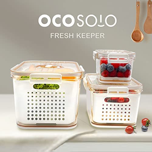 OCOSOLO Fridge Vegetable and Fruit Storage Containers - Set of 3 Produce Storage Containers with Lids and Vents - Save containers for storing fresh vegetables, fruit, salads, berries