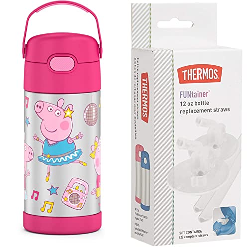 THERMOS FUNTAINER 12 Ounce Stainless Steel Vacuum Insulated Kids Straw Bottle, Peppa Pig & Thermos Replacement Straws for 12 Ounce Funtainer Bottle, Clear, one size (F401RS6)