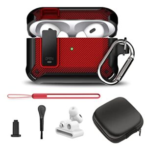 [7in1 set] for airpods pro 2nd generation case 2022, with secure lock carbon fiber airpod pro 2 case for men women, full body shockproof protective case for airpods pro 2nd generation (2022), red