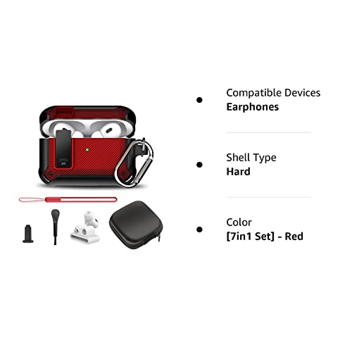 [7in1 Set] for AirPods Pro 2nd Generation Case 2022, with Secure Lock Carbon Fiber Airpod Pro 2 Case for Men Women, Full Body Shockproof Protective Case for AirPods Pro 2nd Generation (2022), Red