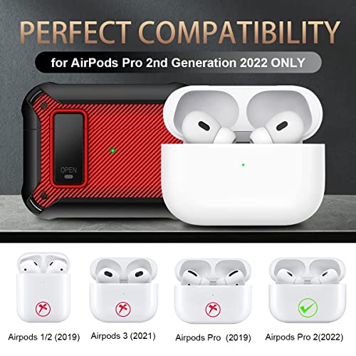 [7in1 Set] for AirPods Pro 2nd Generation Case 2022, with Secure Lock Carbon Fiber Airpod Pro 2 Case for Men Women, Full Body Shockproof Protective Case for AirPods Pro 2nd Generation (2022), Red