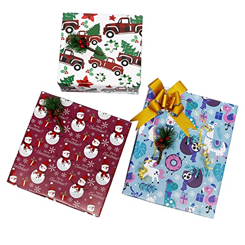 U'COVER Christmas Gift Wrapping Paper Large Sheet for Kids Boys Girls Baby Women Men Xmas Wrapping Paper 3Style Christmas Sloth Llama Santa Snowman Tree Truck Car Gift Wrap Paper (27*39.4inch 22sq.ft.)