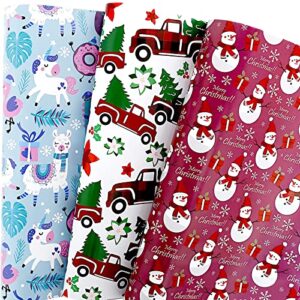 u'cover christmas gift wrapping paper large sheet for kids boys girls baby women men xmas wrapping paper 3style christmas sloth llama santa snowman tree truck car gift wrap paper (27*39.4inch 22sq.ft.)