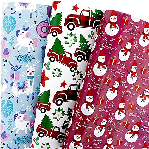 U'COVER Christmas Gift Wrapping Paper Large Sheet for Kids Boys Girls Baby Women Men Xmas Wrapping Paper 3Style Christmas Sloth Llama Santa Snowman Tree Truck Car Gift Wrap Paper (27*39.4inch 22sq.ft.)