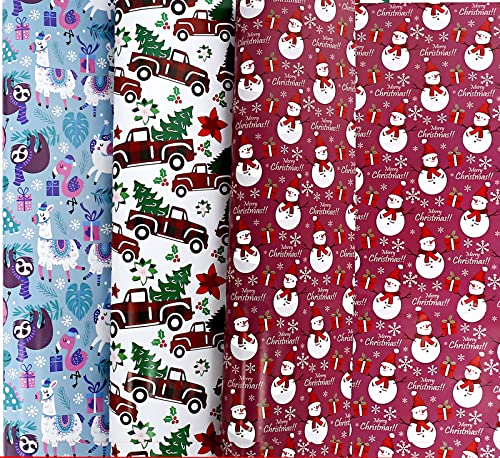 U'COVER Christmas Gift Wrapping Paper Large Sheet for Kids Boys Girls Baby Women Men Xmas Wrapping Paper 3Style Christmas Sloth Llama Santa Snowman Tree Truck Car Gift Wrap Paper (27*39.4inch 22sq.ft.)