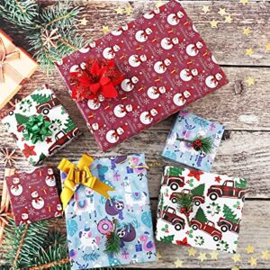 U'COVER Christmas Gift Wrapping Paper Large Sheet for Kids Boys Girls Baby Women Men Xmas Wrapping Paper 3Style Christmas Sloth Llama Santa Snowman Tree Truck Car Gift Wrap Paper (27*39.4inch 22sq.ft.)